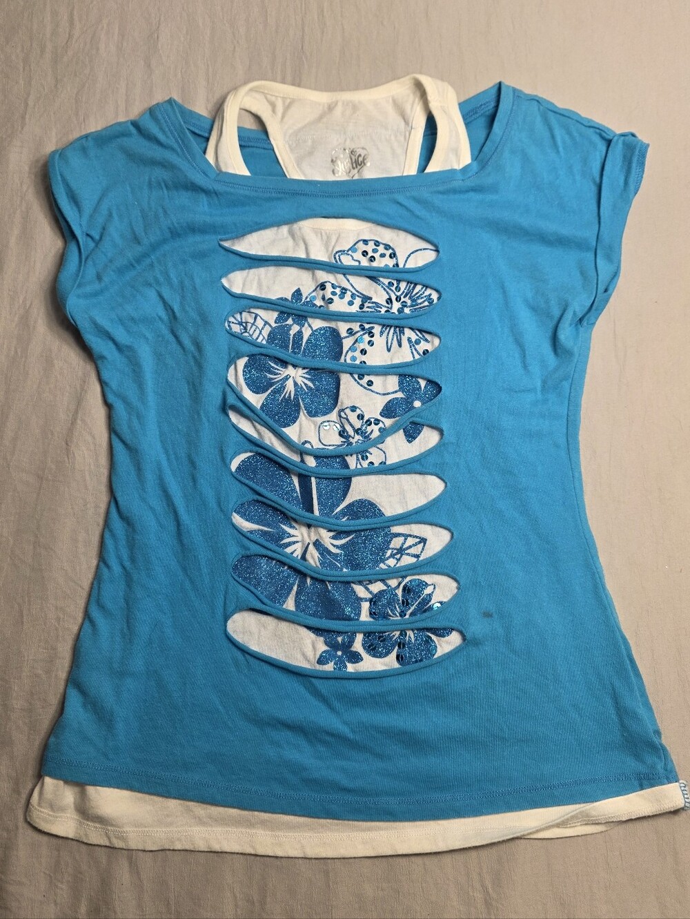Blue Layered Cutout Floral Tee